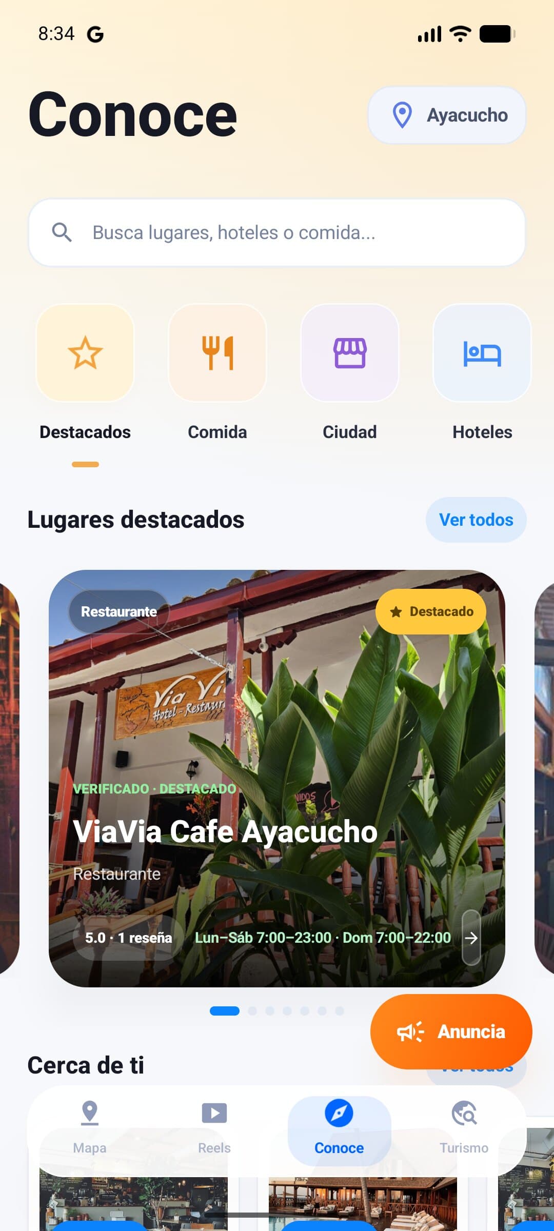 El tab Conoce con categorías, lugares destacados y opciones cercanas.