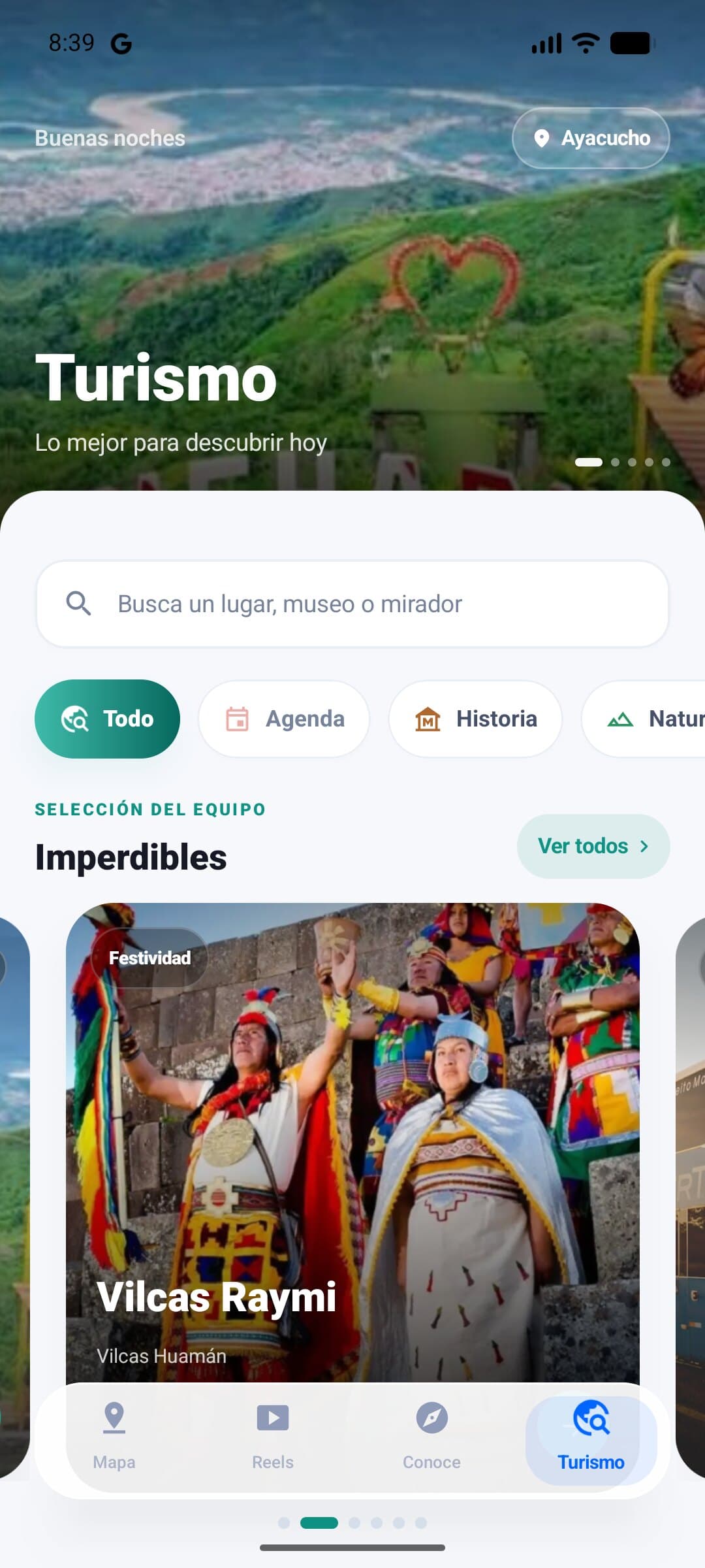 El tab Turismo mostrando los imperdibles de la región.